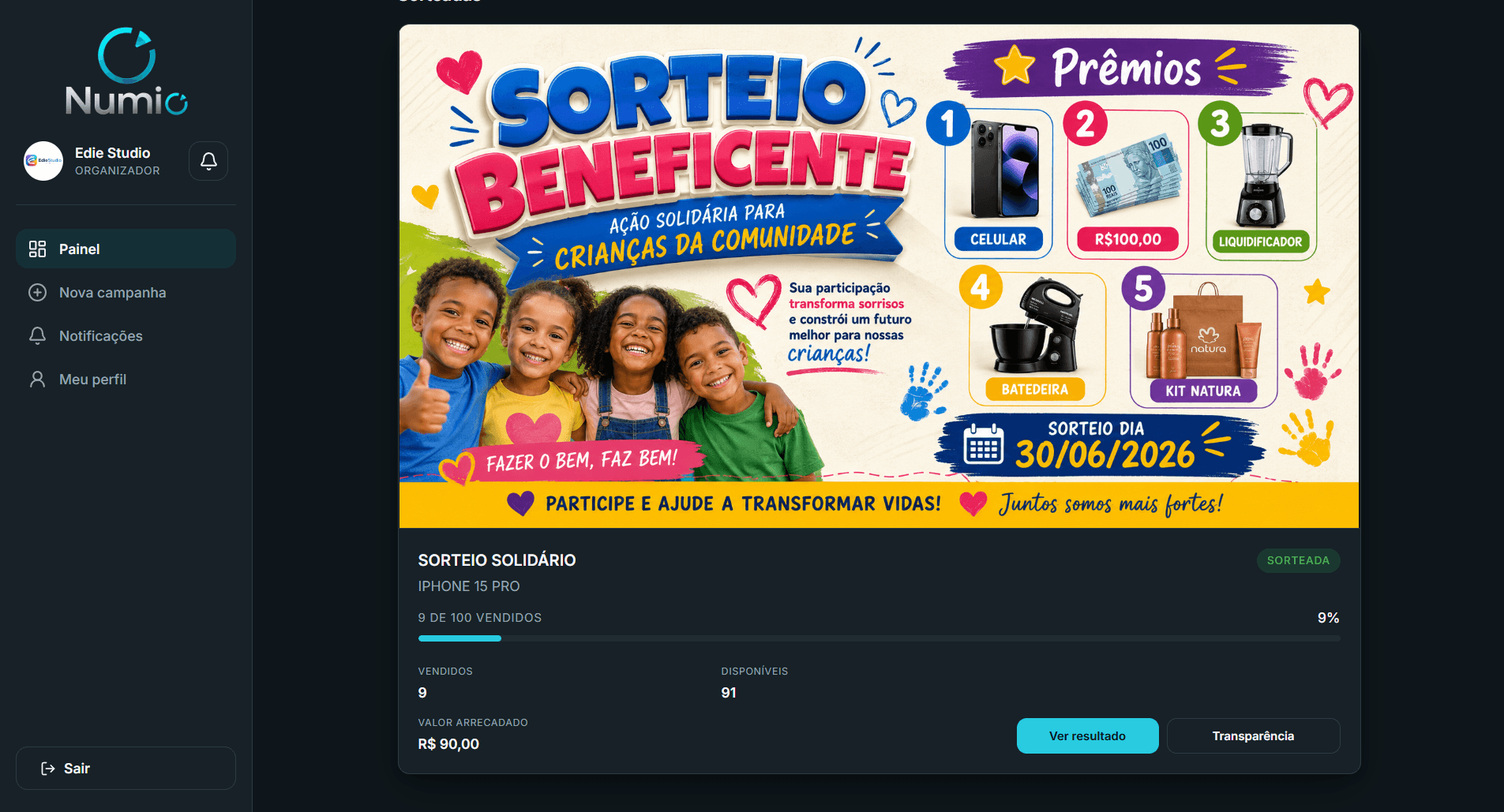 Visão completa do painel do Numio: banner da campanha, progresso de vendas, participantes e ações rápidas.