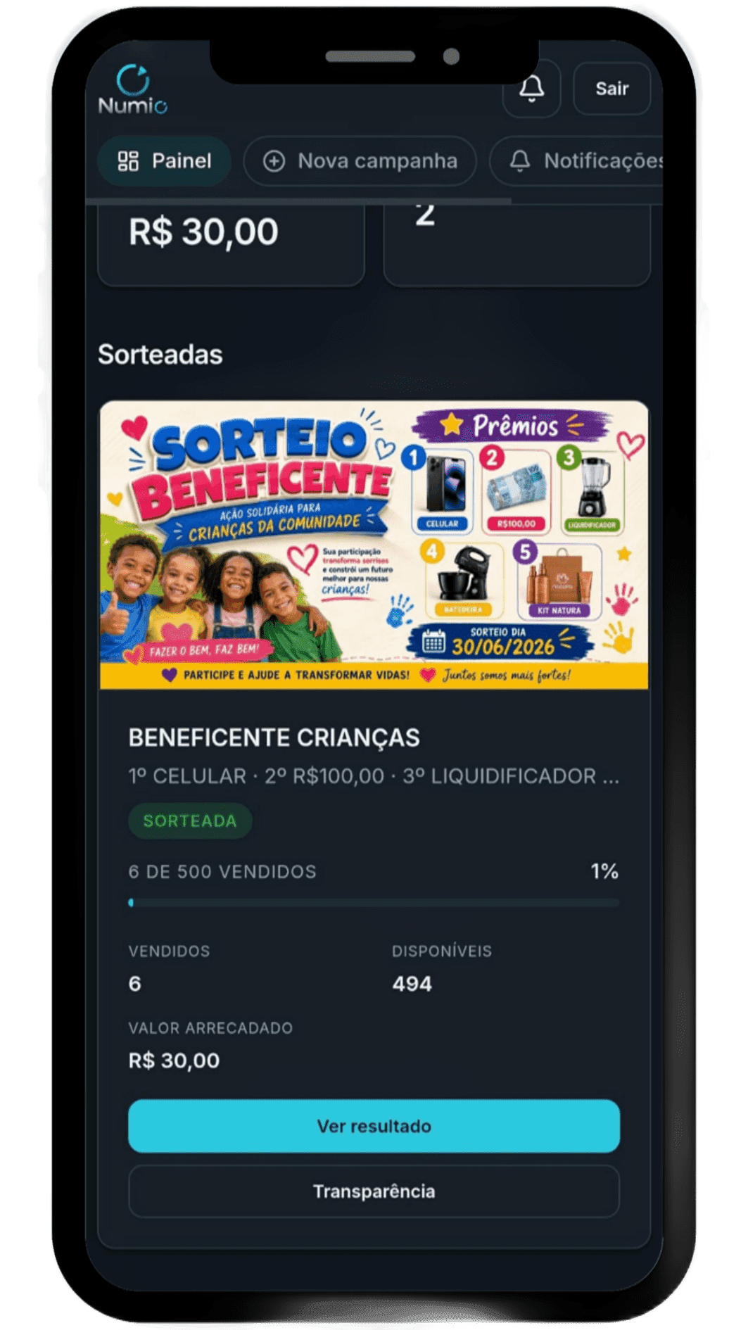 Tela do participante no Numio: campanha, progresso, valor arrecadado e botões Ver resultado e Transparência.