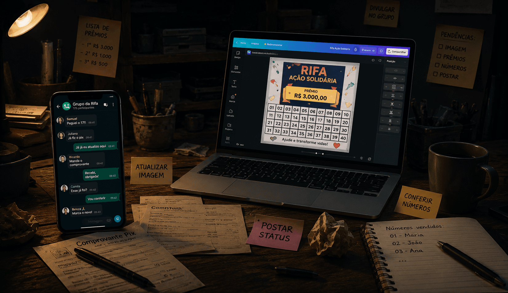 Mesa de trabalho no caos: notebook no Canva com a arte da campanha, celular no grupo do WhatsApp, comprovantes de Pix e lembretes espalhados.
