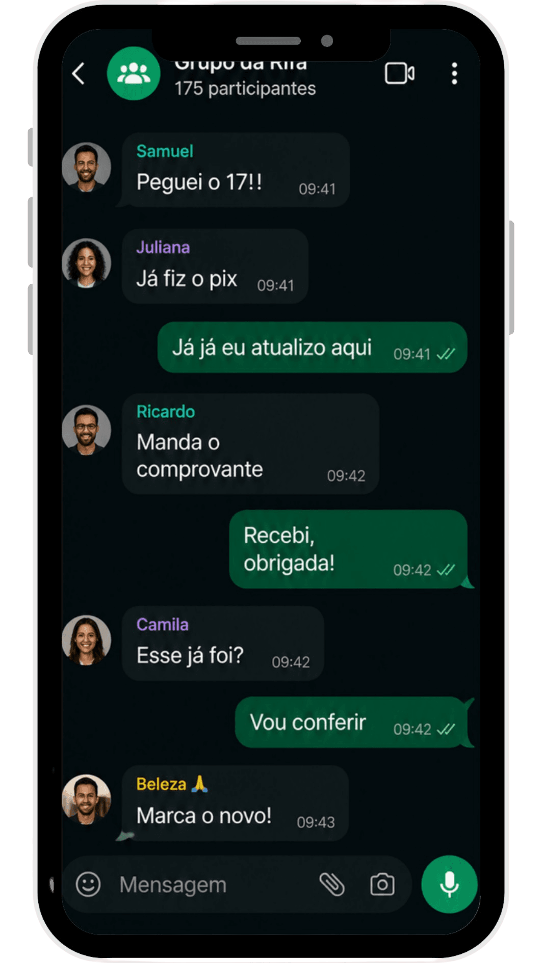 Conversa lotada no 'Grupo da Campanha' no WhatsApp: pedidos de número, comprovantes e confirmações manuais.